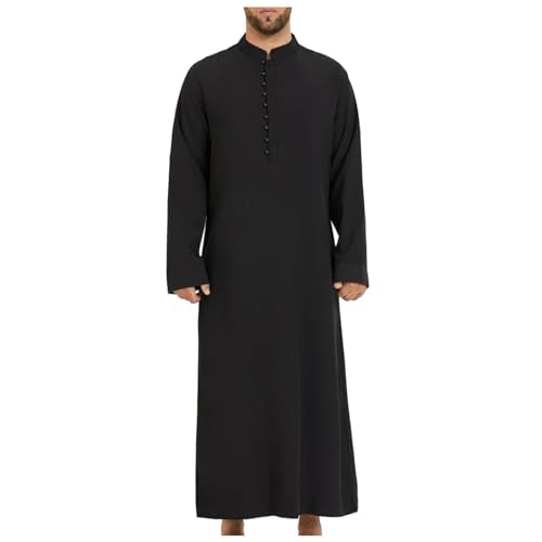 Men’s Muslim Islamic Thobe Robe Kaftan Long Sleeve Jubba Arabic Dubai Ethnic Prayer Gown with Pocket A19 - color: Black, size: Small