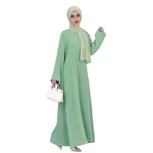 Women Abaya Muslim Dress Long Sleeve Modest Prayer Maxi Kaftan Islamic Clothes with Pockets - color: Light Green, size: XX-Large