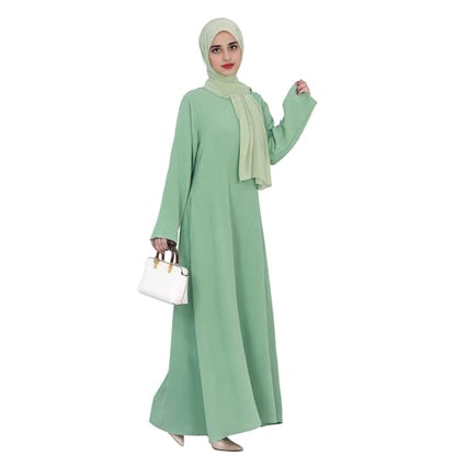 Women Abaya Muslim Dress Long Sleeve Modest Prayer Maxi Kaftan Islamic Clothes with Pockets - color: Light Green, size: X-Large