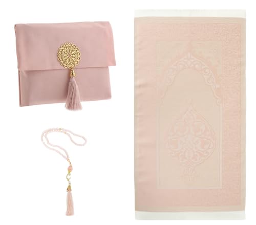 Prien Muslim Prayer Rug with Tasbih and Portable Bag, Muslim Gift for Women Men, Mubarak Islamic Box, Soft Mat Islam Gifts Set, Turkish Sajadah for Ramadan, Eid, Hajj, Travel, Pray (Powder Pink) - color: Powder Pink