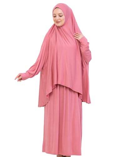 Prien Soft Prayer Dress For Women, Muslim Abaya Hijab Set, Long Turkish Cotton Praying Outfit, Islamic Clothes For Ramadan - color: Dusty Rose