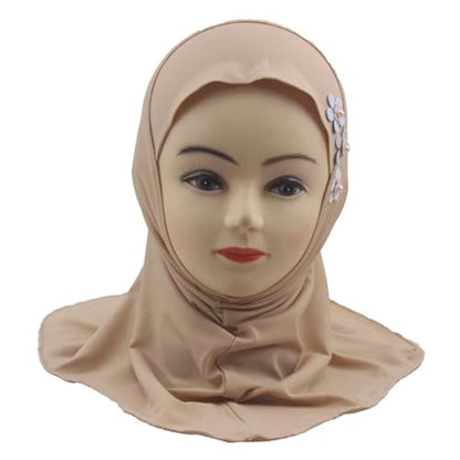 Girls Muslim Hijab Arab Scarf Islamic Headscarf for Kids with 3 Flowers - color: Khaki-3 Flowers