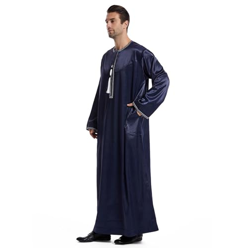 Men's Islamic Arab Kaftans Robe for Eid, Dubai Ramadan Daily Clothes - Muslim Thobe Shirt - color: B Navy, size: X-Large
