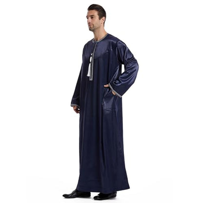 Men's Islamic Arab Kaftans Robe for Eid, Dubai Ramadan Daily Clothes - Muslim Thobe Shirt - color: B Navy, size: X-Large