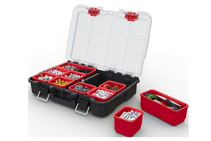 Keter Stack N Rolling Tool Box Modular Storage System 3 Piece | Black and Red, Heavy Duty, Weatherproof, All Terrain Wheels, Durable, Easy to Use, Telescoping Handle - color: Black/Red, size: 3PC System