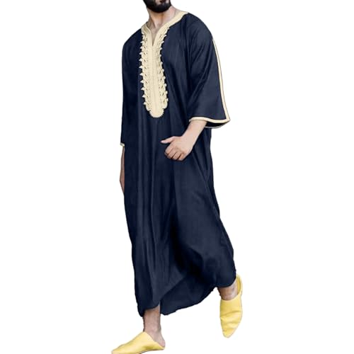 Muslim Robe for Men Arab Long Sleeve Kaftan Islamic Arabic Abaya Silk Thobe Ramadan Middle East Islamic Cloth Shirt Gown - color: #01-navy, size: Medium
