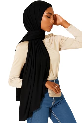 Premium Bamboo Jersey Hijab Scarves -Turban Head Wraps for Women, Fashion Headbands Long Plain Muslim Shawls - color: Black