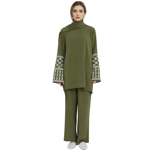 2 Piece Muslim Outfits for Women Palestine Embroidery Abayas Long Sleeve Loose Top Pants Islamic Dubai Prayer Clothes - color: Army Green, size: Large