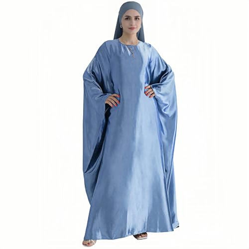 Abaya Muslim Women Dress Satin Batwing Sleeve Kaftan Maxi Arabian Dubai Islamic Ramadan Prayer Dress with Hijab Scarf - color: Blue
