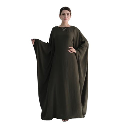 Abaya Muslim Women Dress Batwing Sleeve Loose Maxi Modest Islamic Clothes Prayer Dress with Hijab Scarf - color: Army Green