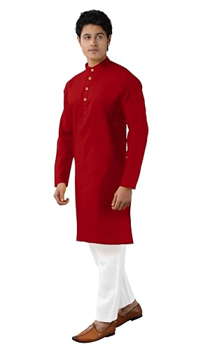 Chandrakala Men's Tunic Cotton Kurta Pajama Set Indian Casual Yoga Dress (MK101) - color: Red-101, size: Small