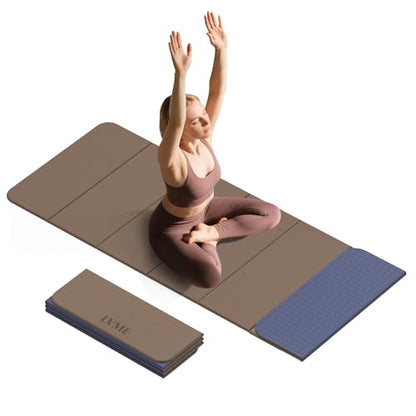 LVME Foldable Yoga Mat, 71"x24"x1/3" Thick, Non Slip Exercise Mat | SGS Certified POE, Fitness Travel Mat, Easy To Store, Foldable for Exercise, Yoga, Pilates, Home Workouts - color: Champagne + Grape
