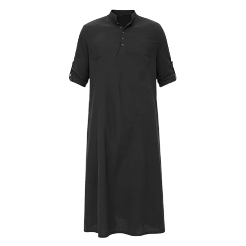Men's Linen Kaftan Robe Button Down Long Sleeve Henley Collar Cotton Thobe Casual Loose Fit Stylish Gown Shirts - color: Black, size: Medium