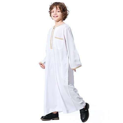 OBEEII Boy's Muslim Arab Solid Color Thobe Long Sleeve Kaftan Embroidered Robe Islamic Arabic Abaya Thobe - color: White, size: 9-10 Years