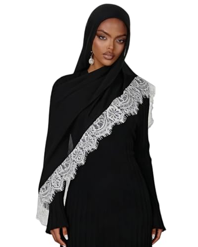 JUMISEE Elegant Floral Lace Hijab Scarf for Women Soft Cotton Head Wrap Instant Hijab Long Scarves Evening Dress Shawl - color: Black With White Lace Trim