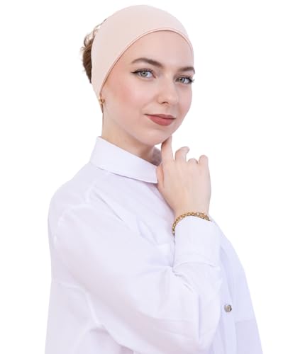 Prien Women Cotton Hijab Cap, Stretchy Head Cover, Pre-Sewn Inner Muslim Scarf Undercap, Non Slip Headband for Daily Wear - color: Beige