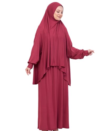 Prien Soft Prayer Dress For Women, Muslim Abaya Hijab Set, Long Turkish Cotton Praying Outfit, Islamic Clothes For Ramadan - color: Burgundy