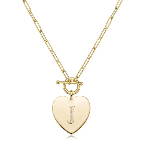 14K Gold Filled Heart Initial Necklace for Women, Dainty Alphabet Pendant Necklace with Paperclip Chain, Hypoallergenic Jewelry Gift for Her - color: Letter J