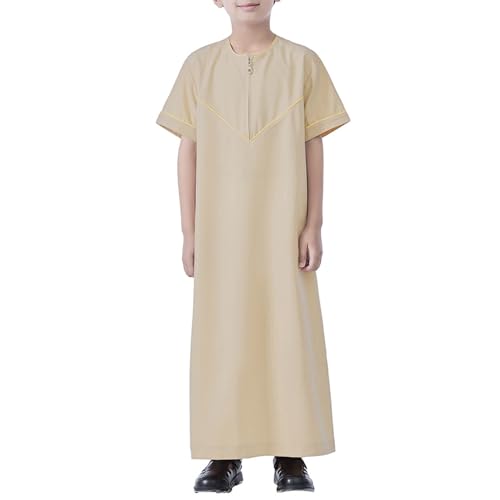 Boys Short Sleeve Muslim Thobes Islamic Kids Half Zipper Eid Traditional Prayer Kaftan Thobes Toddler Abaya Clothes - color: Beige, size: 7-8 Years