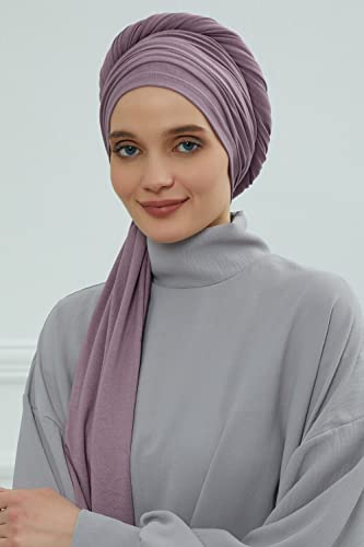Aisha's Design Instant Hijab Scarves for Women, 95% Cotton Pretied Bonnet Turban Easy to Wear Cotton Headscarf - color: Lilac