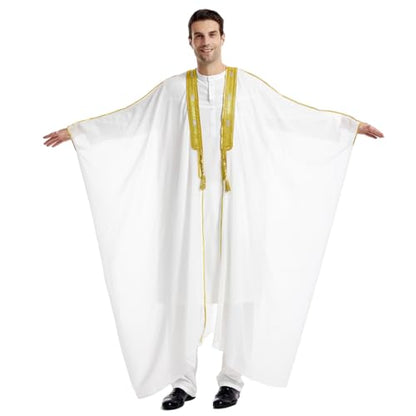 FYMNSI Men's Robe Muslim Clothes Kimono Loose Abaya Dresses Long Sleeve Embroidered Chiffon Kaftan Casual Formal Dubai Thobe - color: White, size: X-Large