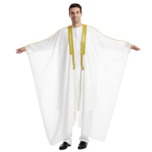 FYMNSI Men's Robe Muslim Clothes Kimono Loose Abaya Dresses Long Sleeve Embroidered Chiffon Kaftan Casual Formal Dubai Thobe - color: White, size: Large