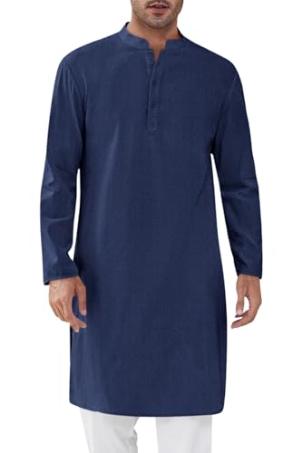 Runcati Mens Kaftan Thobe Textured Henley Shirt Long Sleeve Robe Casual Muslim Gown Shirt - color: Navy, size: Medium