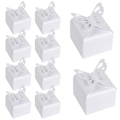 VGOODALL 50PCS Party Favor Boxes, 2.4" x 2.4" x 1.8" 3D Butterfly Candy Boxes White Baby Shower Favors for Wedding Birthday Party Gift - color: White