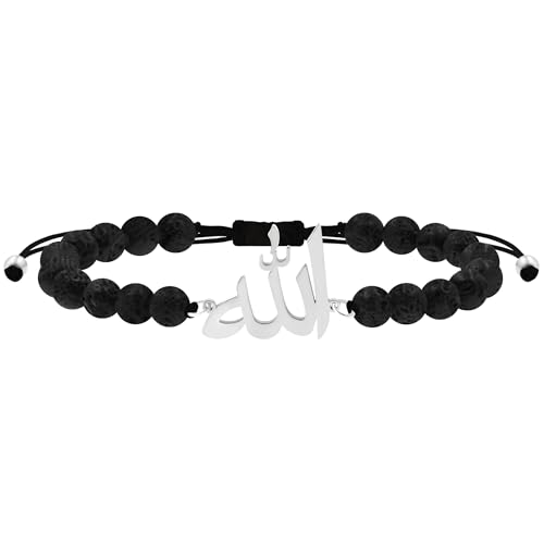 Allah Beaded Bracelet for Men and Women, Adjustable Islamic Faith Jewelry, Symbol of the One True God, Spiritual Muslim Charm Gift YS6042 - color: Black Lava Stone