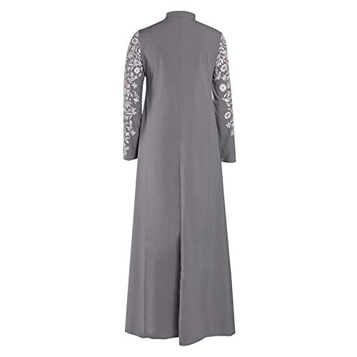 Islamic Fashion Dresses Middle Eastern Ethnic Kaftan Button Print Muslim Long Dress Dubai Turkey Arab Jilbab Dress - color: Grey, size: Small