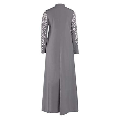 Islamic Fashion Dresses Middle Eastern Ethnic Kaftan Button Print Muslim Long Dress Dubai Turkey Arab Jilbab Dress - color: Grey, size: 5X-Large