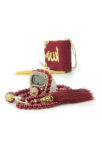 ihvan online Mini Velvet Quran Set with Islamic Finger Counter, Portable Digital Tasbeeh, Muslim Prayer Beads, Pearl Zikirmatic Beads, 3 Pieces Gift Set for Mevlüt (Red) - color: Red