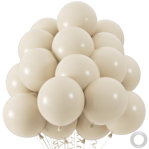 50pcs Sand White Balloons, 12inch White Sand Party Latex Balloon, Helium Ivory Balloons for Birthday Wedding Baby Shower Gender Reveal Party Decoration (with Ribbon & Glue) - color: Sand White