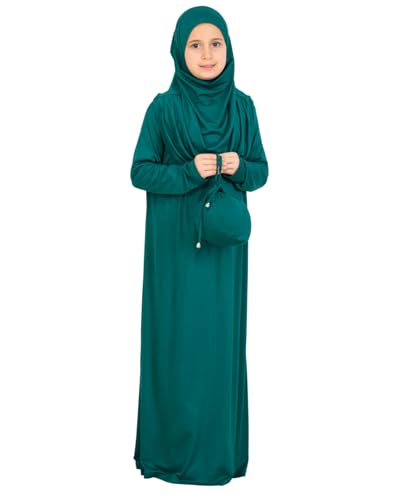 Prien Kids Muslim Prayer Dress With Hijab & Pouch, Soft Viscose Abaya For Girls, Islamic Clothes, Robe For Eid, Ramadan - color: Emerald