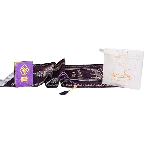 IEF Personalized Embroidered Prayer Rug Prayer Beads Yaseen Dua Book Quran Islamic Gift Set Ramadan Eid Hajj Umrah Wedding Birthday Mother's Day Father's Day Valentine's Day Gifts (Purple) - color: Purple