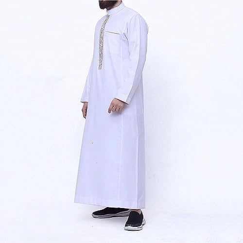Thobe for Men Muslim Islamic Robe Kaftan Arabic Long Sleeve Jubba Dubai Style Cotton Dress with Pockets A2 - size: XX-Large