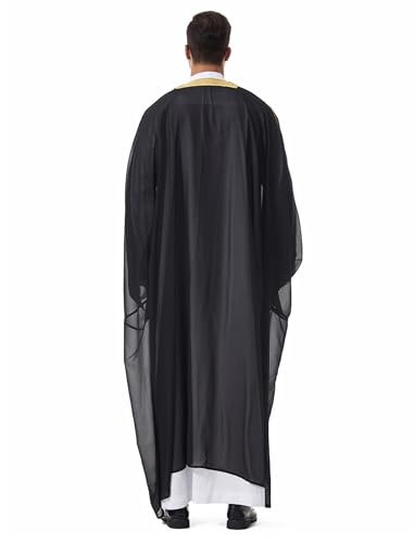 OBEEII Men Muslim Thobe Open Front Chiffon Ramadan Abaya Cardigan Dubai Saudi Embroidery Eid Islamic Clothes Prayer Kaftan - color: Black, size: X-Large