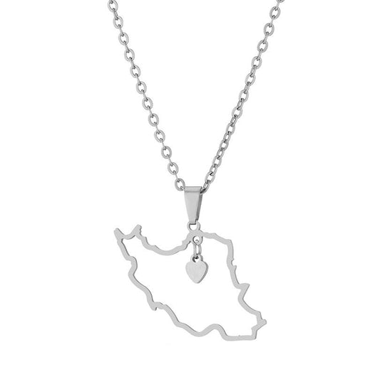 Heart Iran Map Pendant Necklace Persian Love Jewelry Gift for Women & Men Stainless Steel Iranian Jewelry - color: Silver Color, size: 60cm Chain