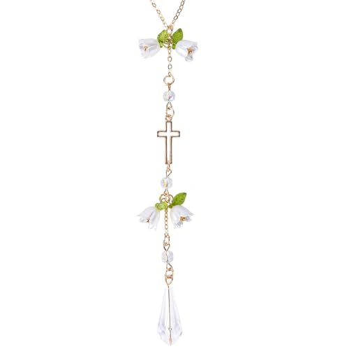Cross Crystal Car Charm Lily Flower Beaded Mirror Hanging - style: Cross