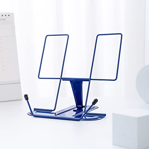 MSDADA Metal Book Stand for Desk, Adjustable Reading Rest Book Holder, Portable Cookbook Documents Holder, Sturdy Typing Stand for Recipes Textbooks Tablet Music Books with Page Clips (Blue) - color: Blue