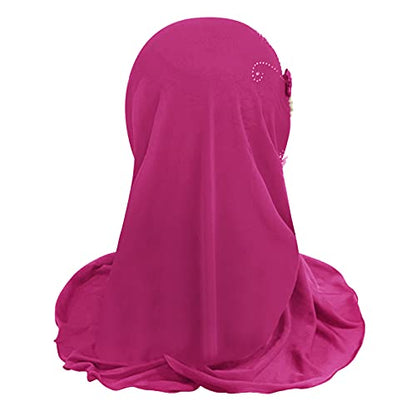 Girls Ice Silk Muslim Khimar Hijab Headscarf Flower Arab Scarf Shawls Neck Wrap Islamic Head Wrap for Age 2-7 Years - color: Style 3-hot Pink