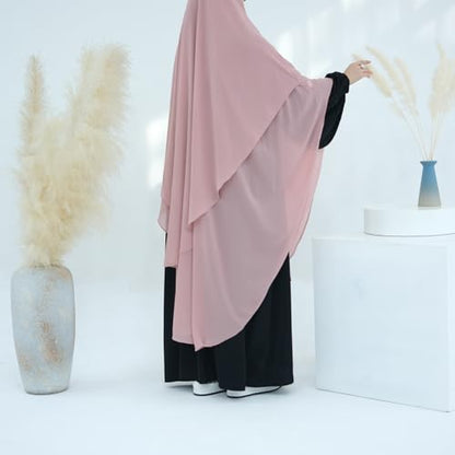 SYANKANGXIAO Ramadan Eid Khimar Abaya Turkey Islam Muslim Chiffon 2 Layers Long Hijab Dress Prayer for Women Full Cover Robe - color: Pink