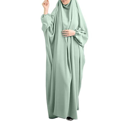 FPOVFPO Womens One-Piece Solid Abaya Muslim Prayer Dress Islamic Maxi Kaftan with Hijab Dubai Full Length Dress - color: Light Green