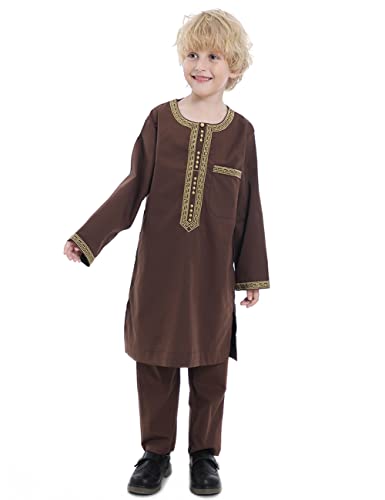 Boy's Muslim Clothing Kaftan Set - Middle East Youth Embroidered Robe Suit Round Neck Islamic Dress Arabic Wear - color: Brown, size: 23