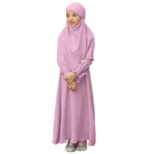 Muslim Clothes for Toddler Girls Long Sleeve Abaya with Hijab Two Piece Kids Prayer Dress Maxi Islamic Scarf Kaftan - color: Pink, size: 3-4 Years