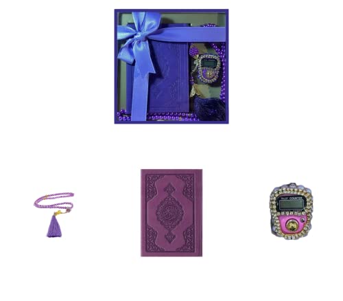 Prien 이슬람 선물 세트, 보온 가죽 꾸란, 진주 기도 비즈, 디지털 Zikr Tasbih, 미니 꾸란, 휴대용 기도 바구니, 여성용 무슬림 선물 - color: 퍼플.