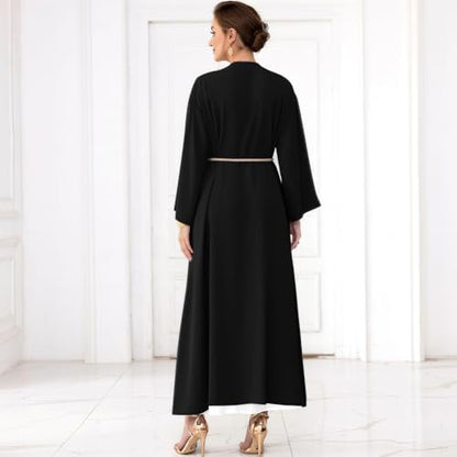 IDOPIP Muslim Abayas for Women Long Sleeve Open Front Cardigan Rhinestone Applique Islamic Dubai Maxi Kaftan Dress with Belt - color: Black, size: Small