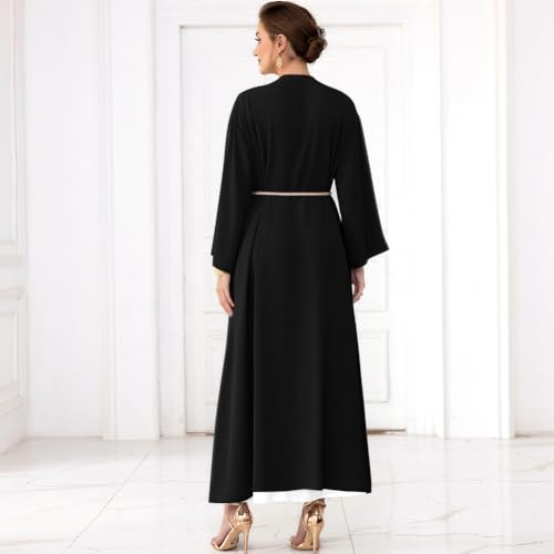 IDOPIP Muslim Abayas for Women Long Sleeve Open Front Cardigan Rhinestone Applique Islamic Dubai Maxi Kaftan Dress with Belt - color: Black, size: Medium