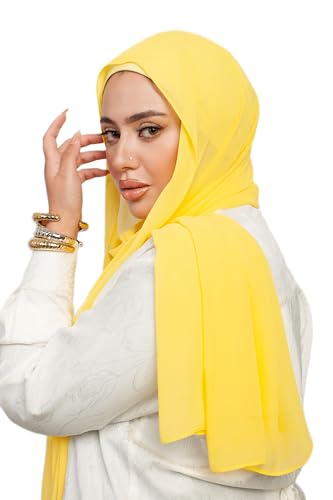 Instant Chiffon Hijab 3-in-1 with Built-in Magnets and Attached Match Undercap, Women Hijabs Set. - color: Yellow
