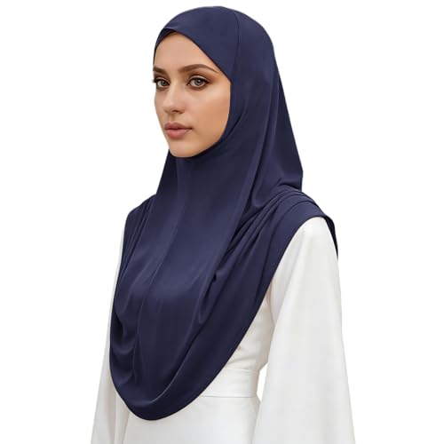Instant Hijab Ready To Wear Hijab Scarf for Women Soft Long Muslim Jersey Hijabs Head Scarf for Prayer Abaya - color: Navy